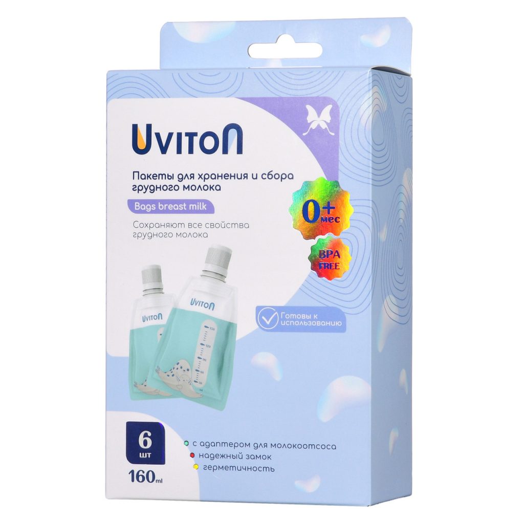 Пакеты для хранения и заморозки грудного молока Uviton с адаптером к молокоотсосу, 6 шт, 160 мл